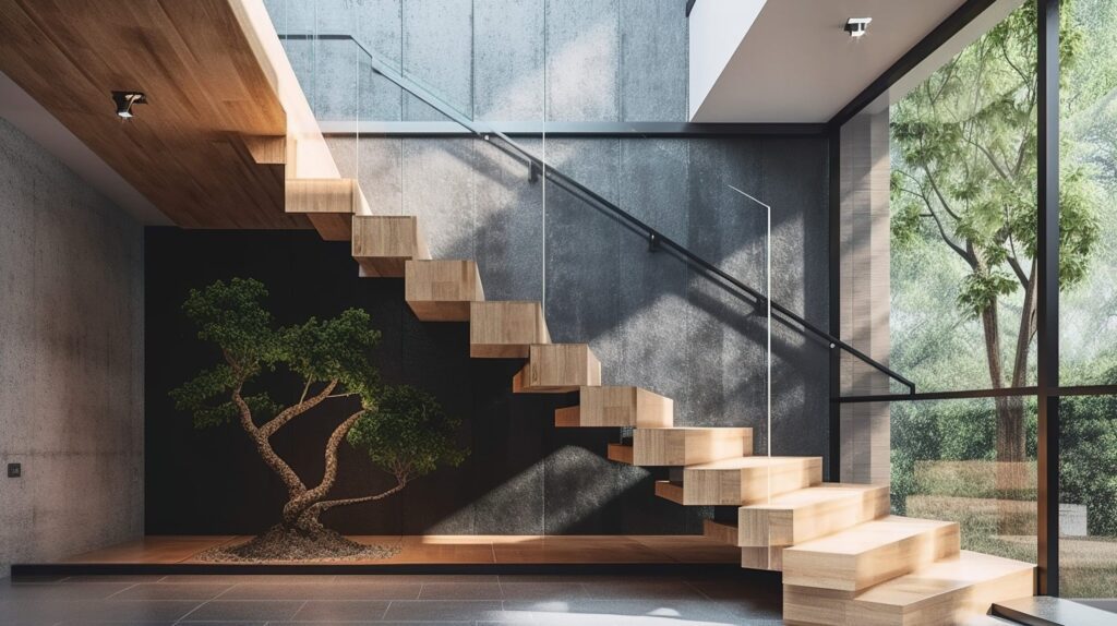 Floating wood staircase with glass railing