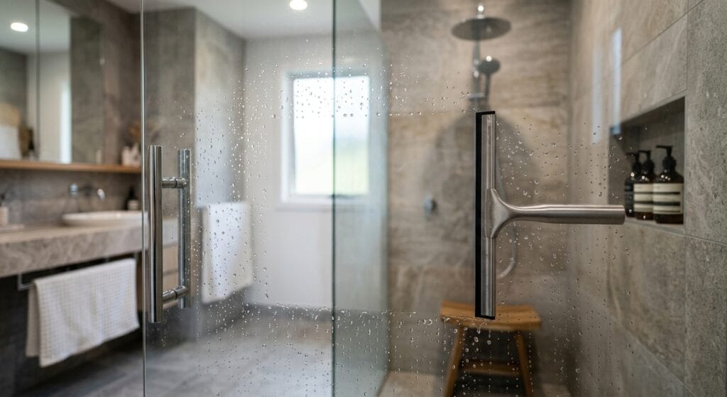 Stainless steel squeegee against a wet glass shower door in a modern bathroom